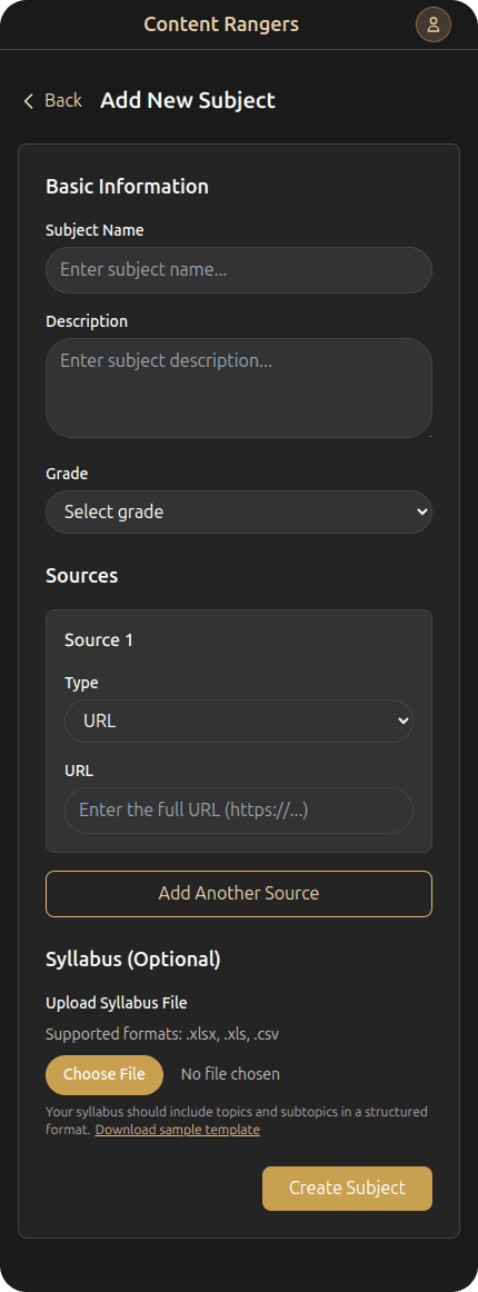 Add new subject form