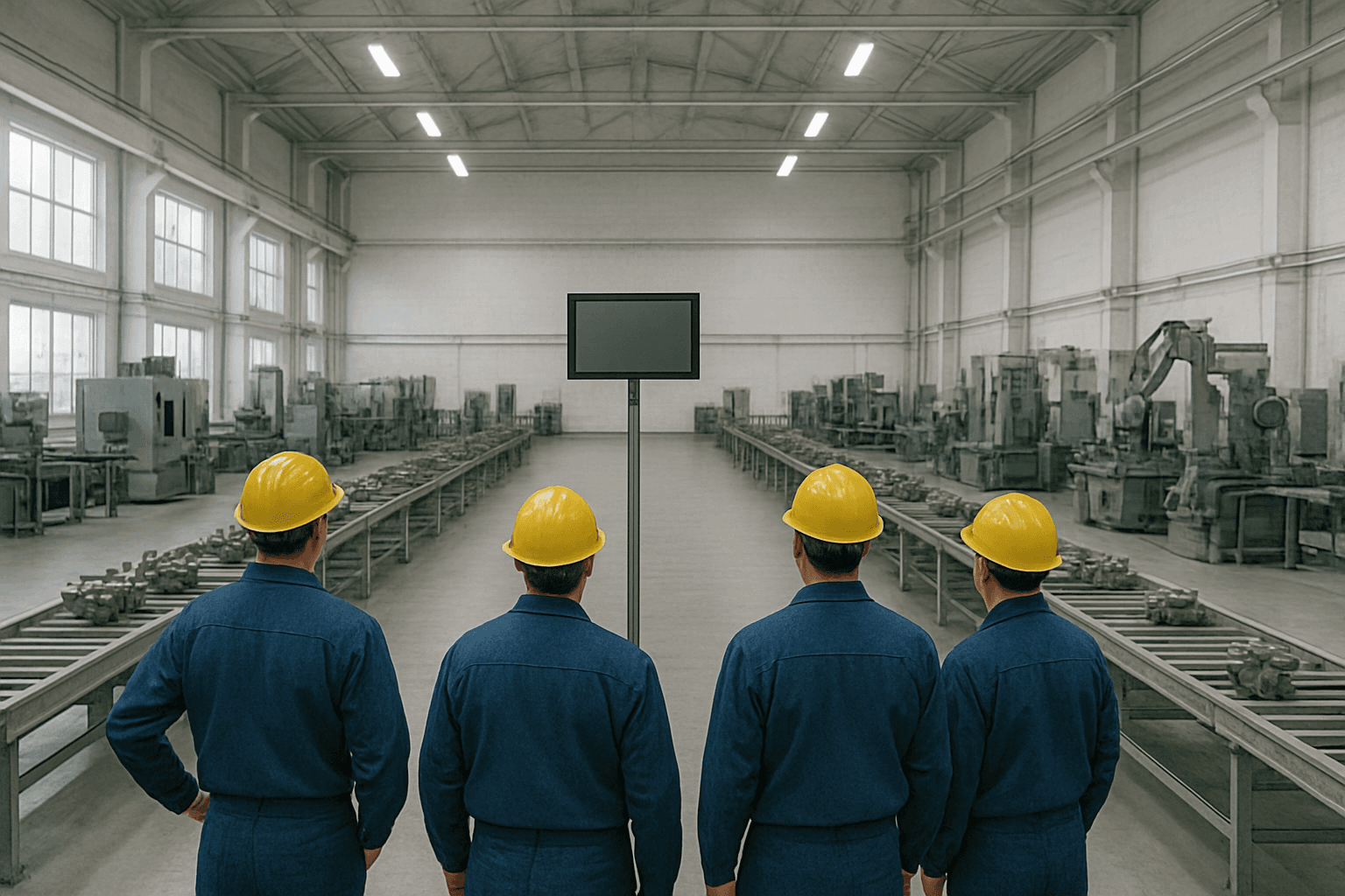 Factory workers observing a distant monitor on the assembly line floor