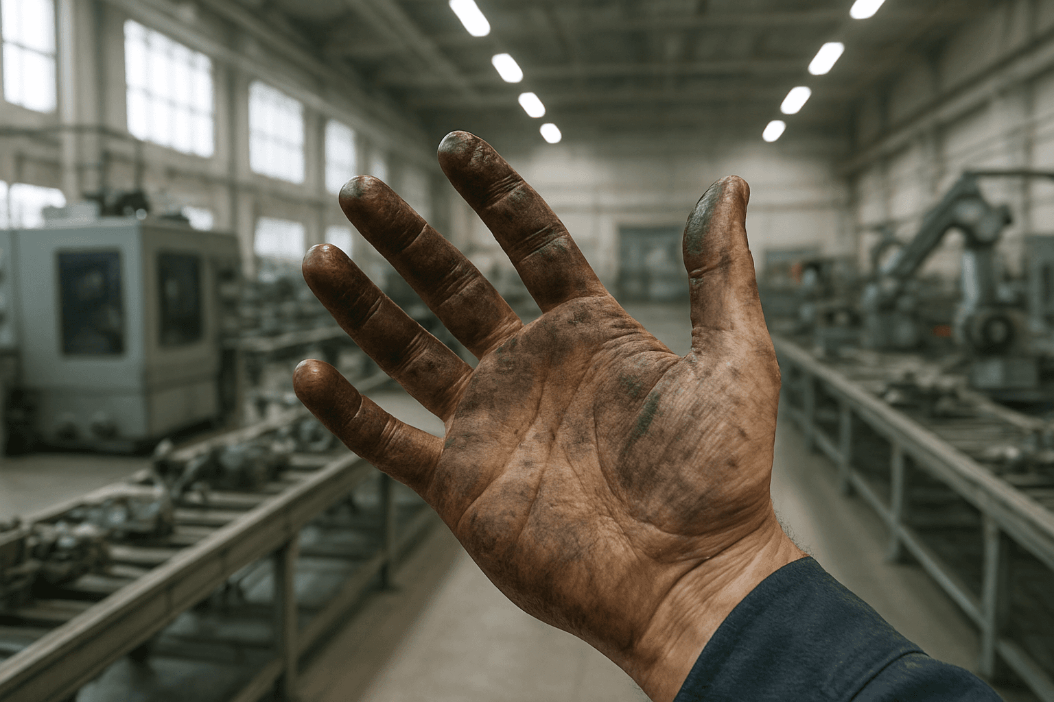 Worker's hands in industrial environment showing the physical nature of assembly work