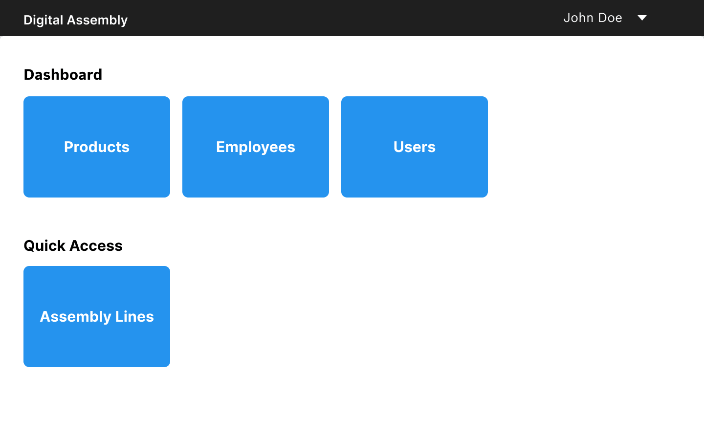 Main dashboard interface showing navigation to Products, Assembly Lines, Employees, and Users
