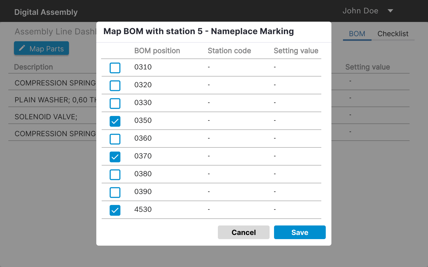 BoM mapping modal dialog showing drag-and-map interface for associating parts with specific stations