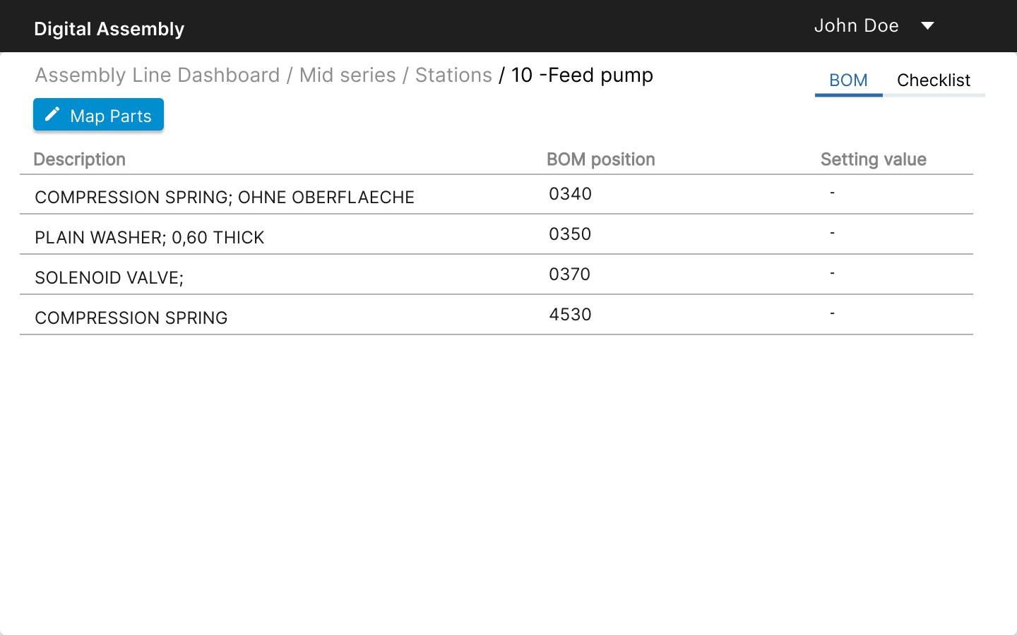 BoM mapping interface showing station parts list with description, BOM position, and setting values for visual mapping