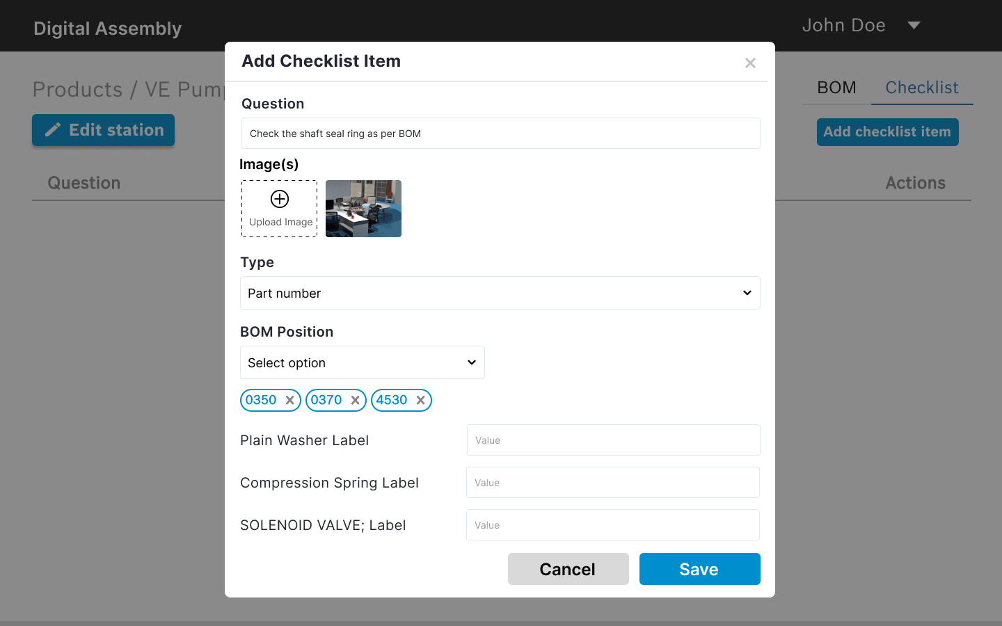 Station setup interface showing checklist creation with guided flows and large input fields