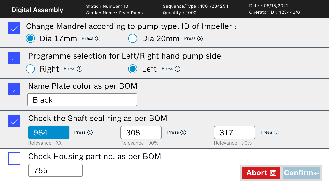 Operator's view of a dynamic setup checklist showing station tasks and validation points