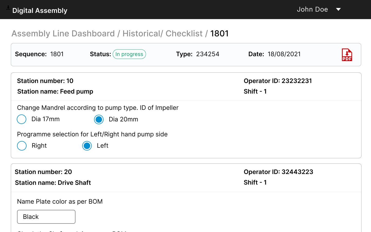Detailed historical checklist showing station-by-station assembly process with operator tracking and validation steps